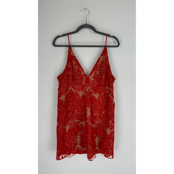 Free People Night Shimmers Mini Dress Womens Size 14 Red V Neck Lace Sequin New - Picture 6 of 16